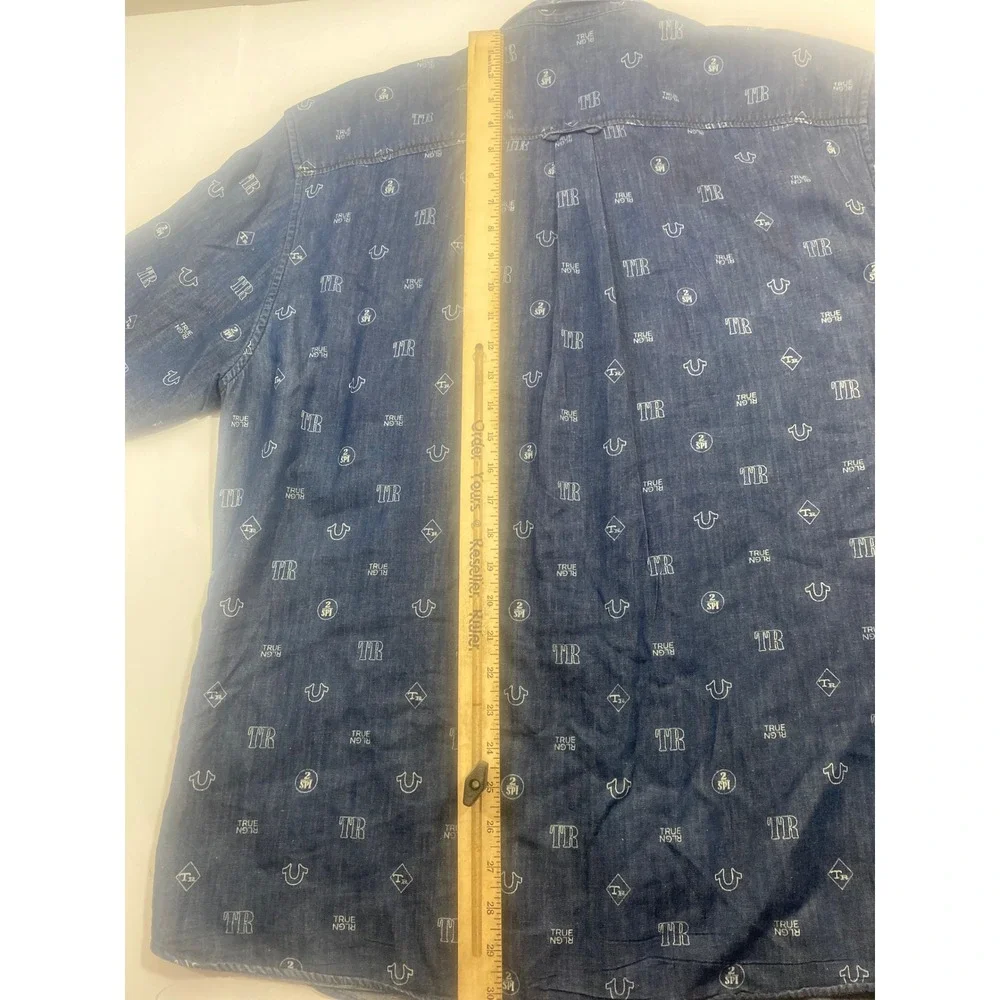 True Religion Denim Button Down Shirt XX‎ Large Slim Fit Mono Print